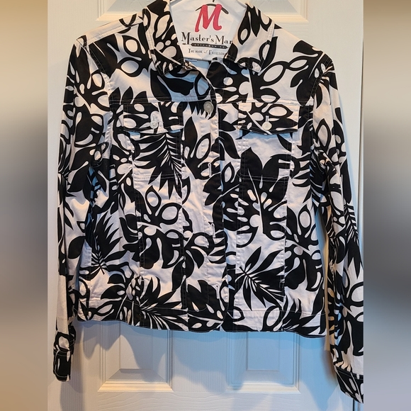 Coldwater Creek Denim jacket black white tropical stretch M - Picture 1 of 6